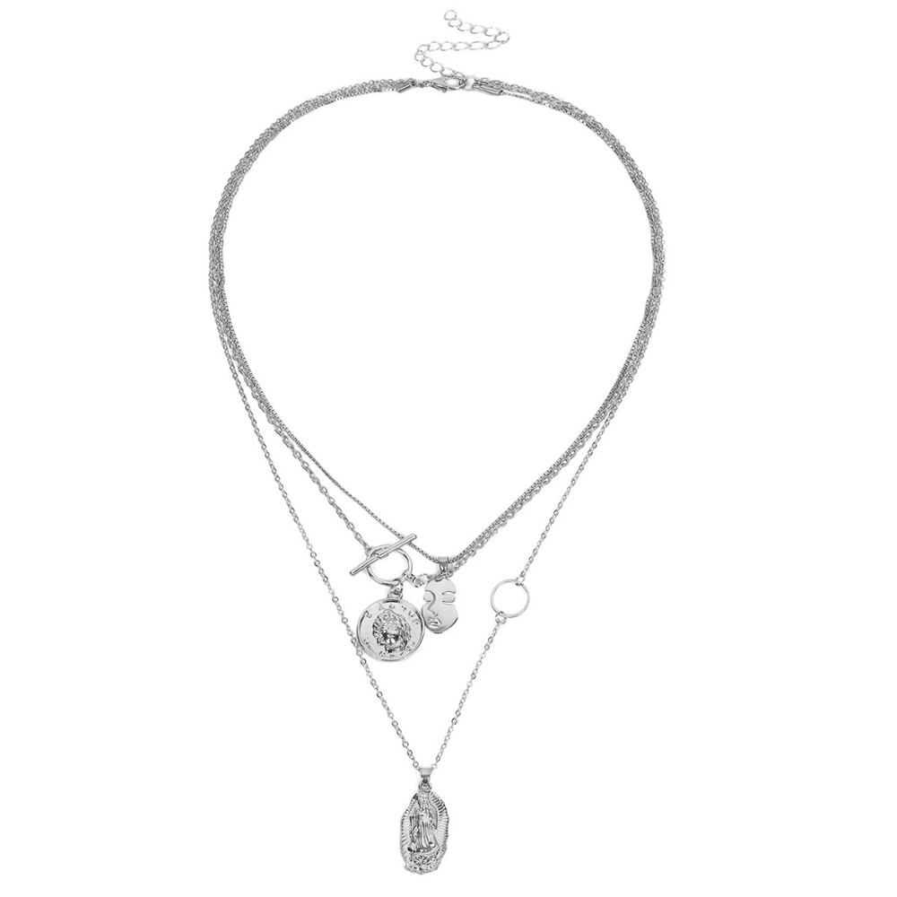 Silver Coin Layered Pendant Necklace Chain Face Head - Picture 5 of 7
